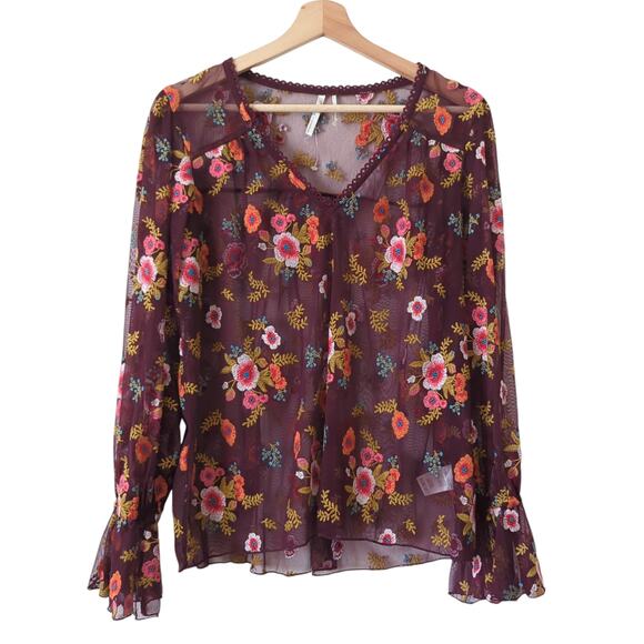 Anthropologie by Feather Bone Floral Embroidered Mesh Blouse Maroon Multi Small - Picture 1 of 9